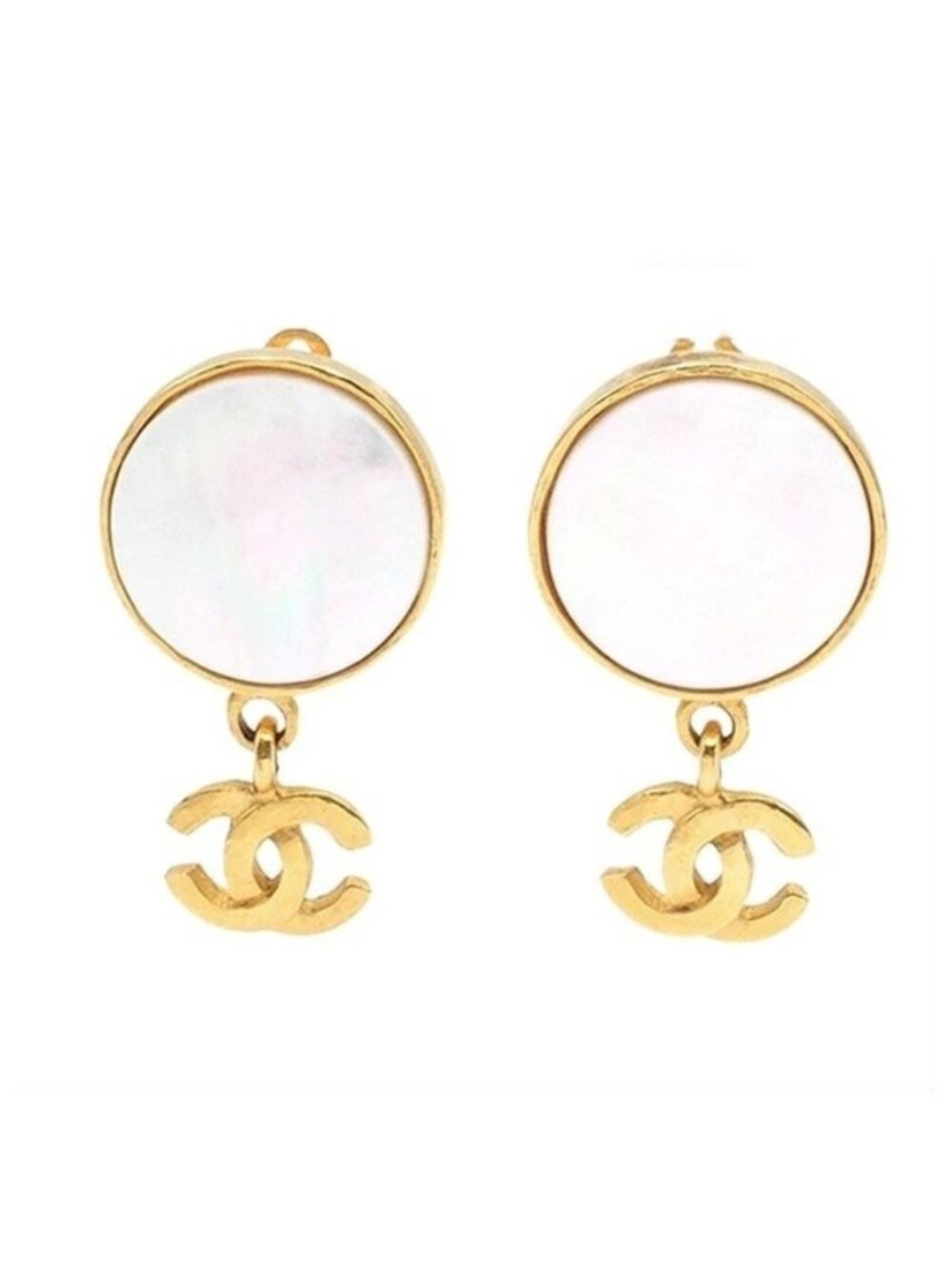Chanel Earrings Gold White Metal Costume Pearl Round CC Logo 95